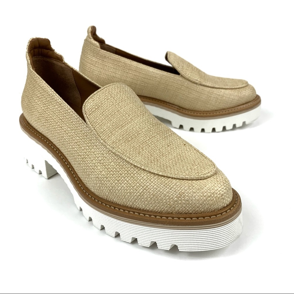M. Gemi Beige Raffia Platform Loafers with White Lug Sole